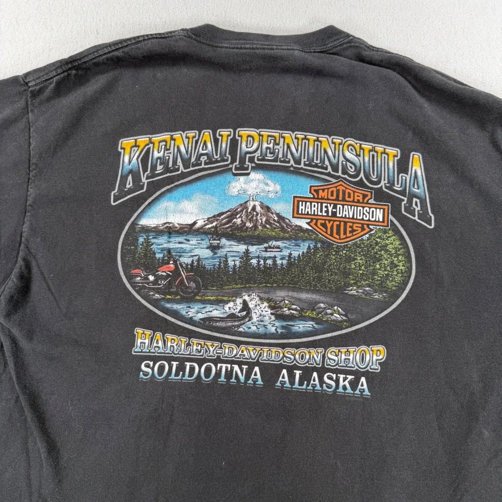 Vintage Harley Davidson Alaska T Shirt Mens XL Black Eagle Wolf Kenai Peninsula
